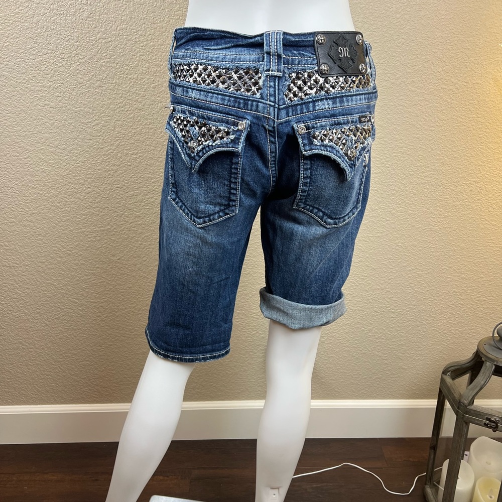 Miss Me Women’s Bling Pocket Flap Bermuda Jean Shorts